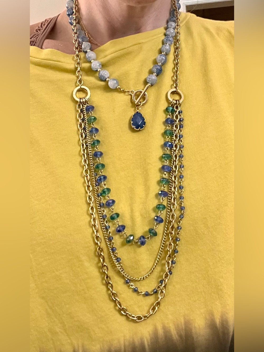 Gold Multi-Strand Necklace with Blue and Green Gemstones